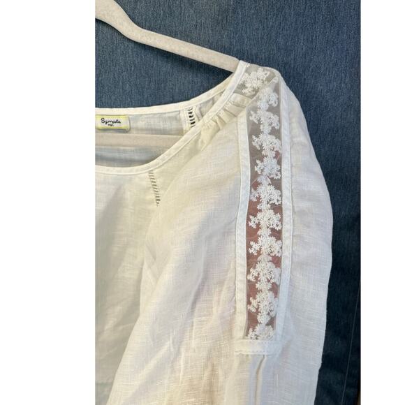 Symple nyc Womens L White 100% Linen Embroidery Sheer Sleeves BOHO Blouse - Picture 5 of 8